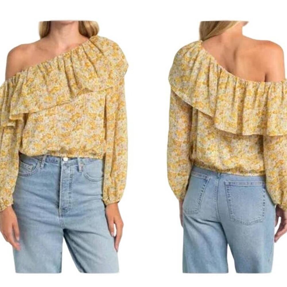 ASTR THE LABEL Ruffle One Shoulder Top Blouse XS Yellow Floral Print Gold Thread
